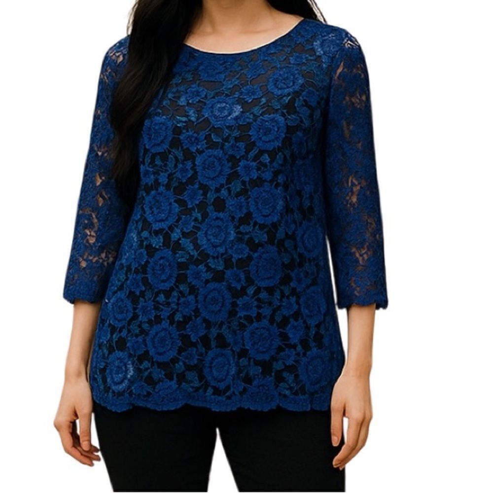 Olivia Moon Lace Navy Blue 1/2 Sleeves Popover NWT Size Medium